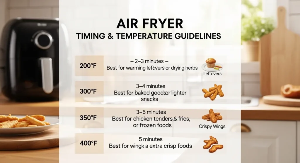 Infographic showing air fryer temperature and preheat time chart from 200°F to 400°F with recommended foods like chicken tenders, fries, wings, and baked goods.
