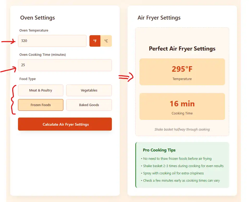A Air Fryer Conversion Calculator App result short by fryer Bites