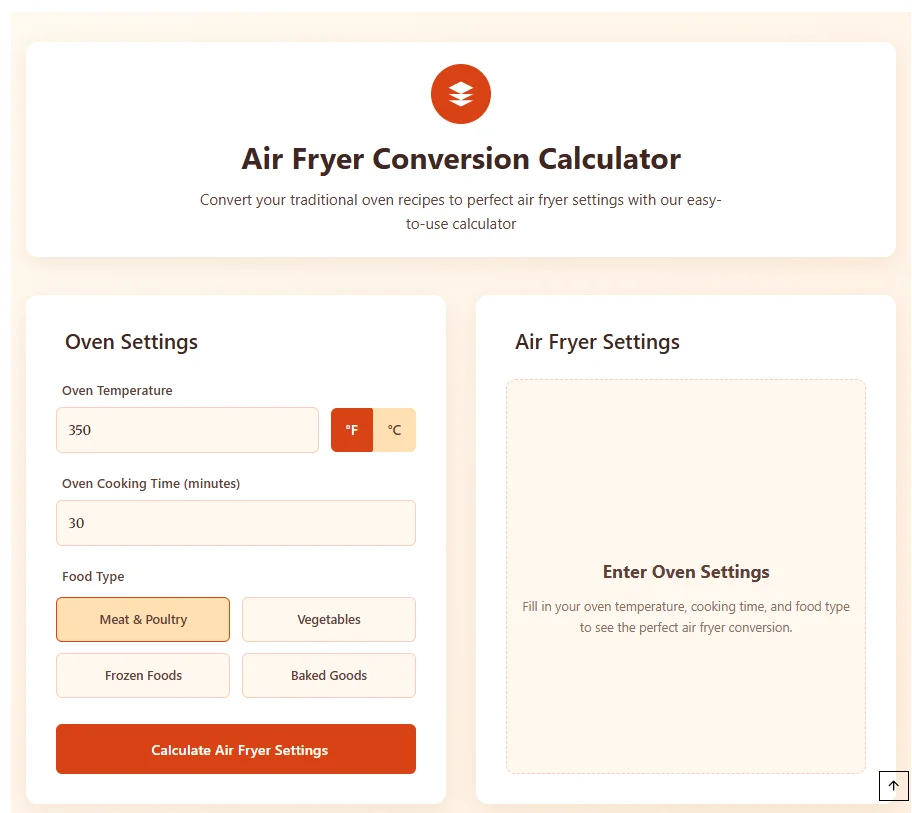 A screenshot of Air Fryer Conversion Calculator app