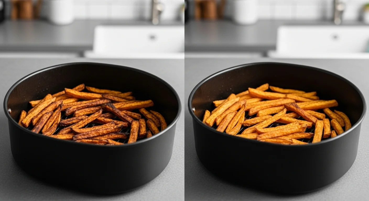 "Comparison of overcooked and perfectly cooked food in air fryer baskets"