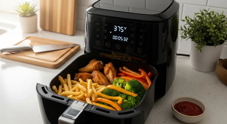 "Air fryer cooking perfectly crispy fries, wings, and veggies at the right temperature on digital display"