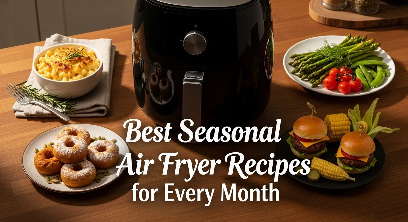 Collage of seasonal air fryer dishes including winter comfort food, spring vegetables, summer BBQ, and fall snacks around an air fryer.