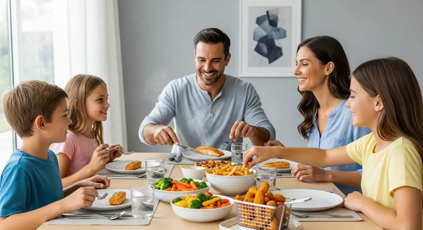 A family eating Easy Air Fryer Recipes that they made.