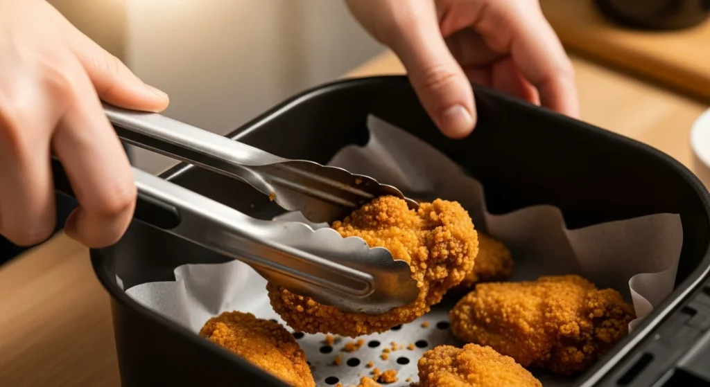 Hand lifting a crispy chicken tender from an air fryer basket showing golden crust.