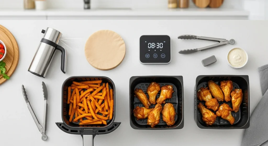 Variety of crispy air fryer snacks with dipping sauces arranged on a wooden board.