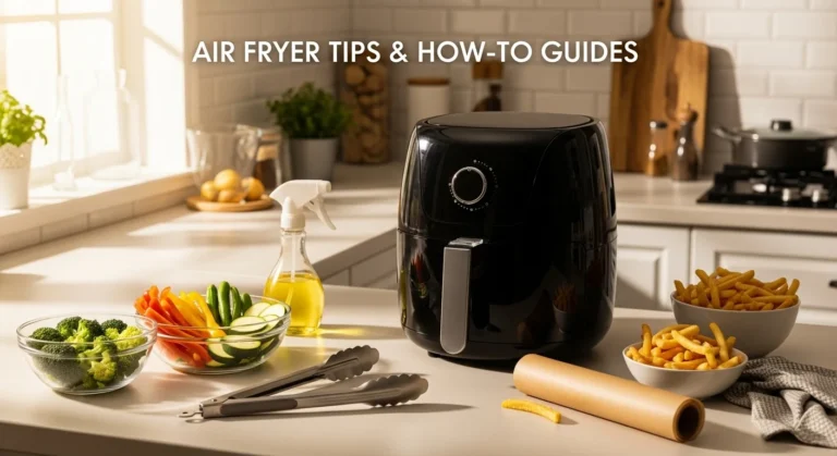 Plate of golden, crispy air fryer foods like fries and chicken tenders with an air fryer in the background.
