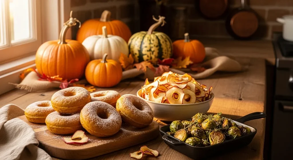 Fall air fryer dishes like pumpkin donuts, apple chips, and Brussels sprouts served in a rustic kitchen.