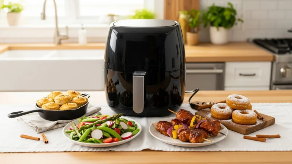 air fryer with four recipe on a kitchen table that present 4 seasons theme.