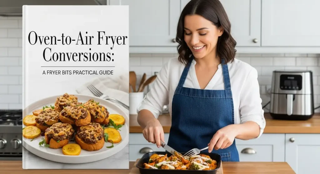 A Air Fryer Conversions A Fryer Bits app, a mother smiling while using it.