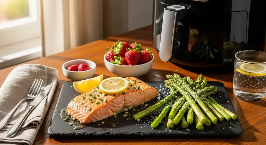 Spring air fryer recipes with salmon, asparagus, and strawberries displayed on a bright, fresh table.