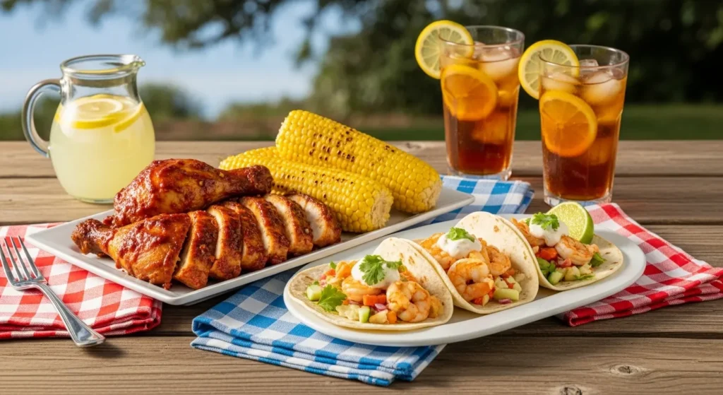Summer air fryer recipes featuring BBQ chicken, corn, and shrimp tacos on a picnic table.