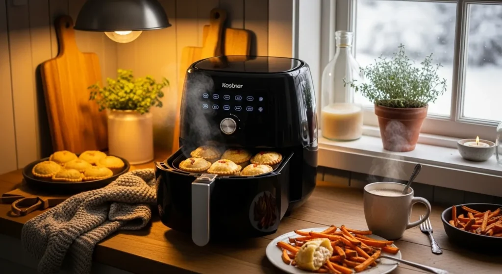 Winter air fryer comfort foods like chicken pot pie bites and sweet potato fries served in a cozy kitchen.