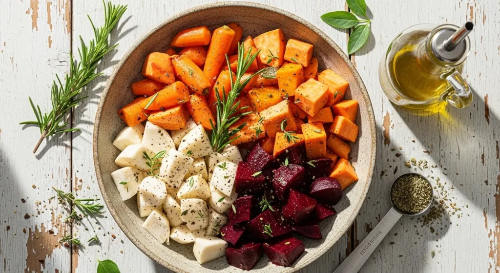 “Chopped root vegetables in a bowl tossed with oil and spices, ready for air frying.”