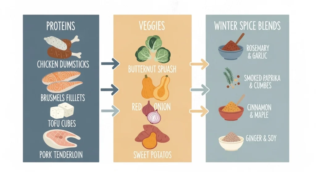 “Playful visual chart displaying proteins, veggies, and winter spice blends arranged in mix and match sections, using soft winter colors and minimal icons for easy meal pairing.”