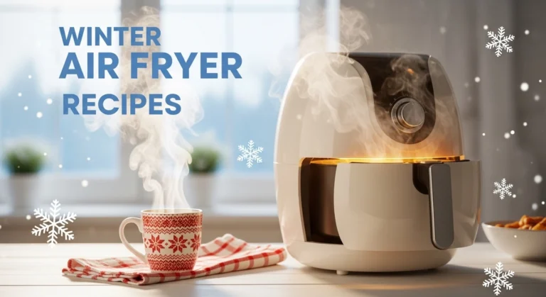 “Cozy winter-themed thumbnail with bold text reading Winter Air Fryer Recipes.”