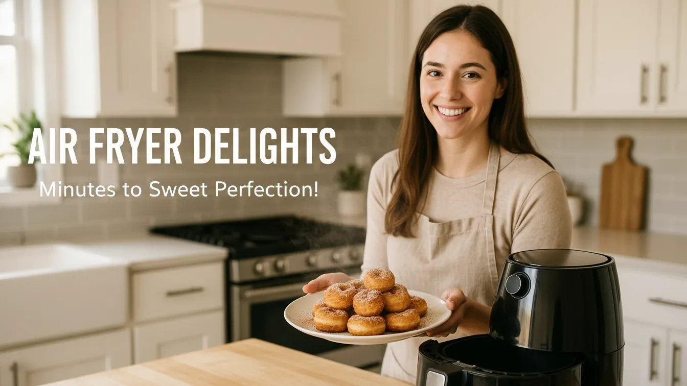 Person holding a plate of golden crisp air fryer desserts with bold title text across the scene.