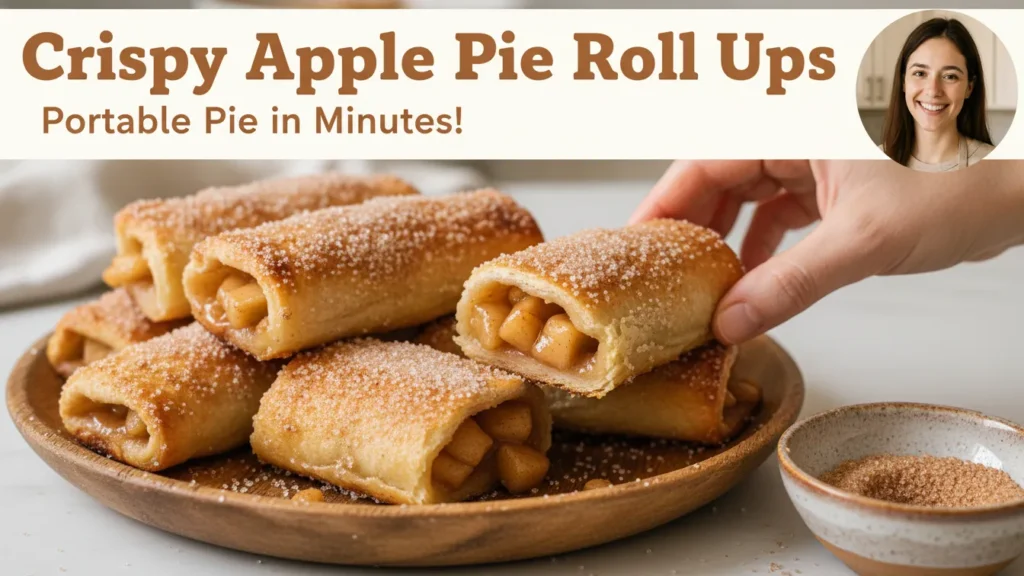 Golden-brown apple pie roll ups with cinnamon sugar, one cut open showing apple filling, served on a rustic plate.