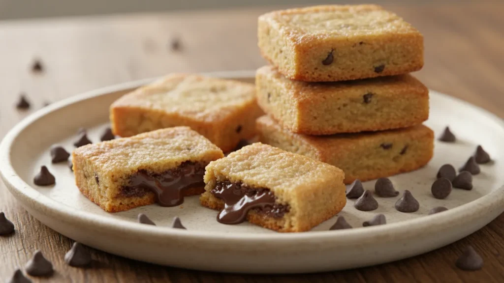 Small golden-brown cookie dough squares with crisp edges and soft, gooey centers on a plate.