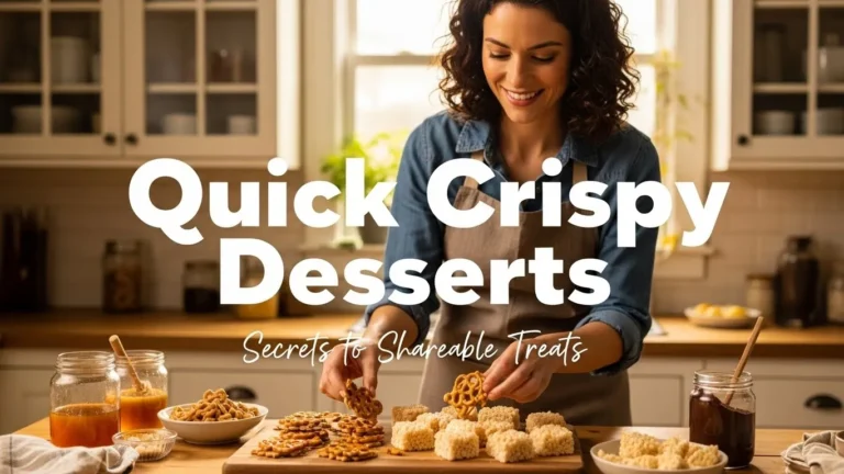 A woman arranges shareable crispy desserts like pretzel bark on a board in a bright kitchen, with overlaid text "Quick Crispy Desserts: Secrets to Shareable Treats."