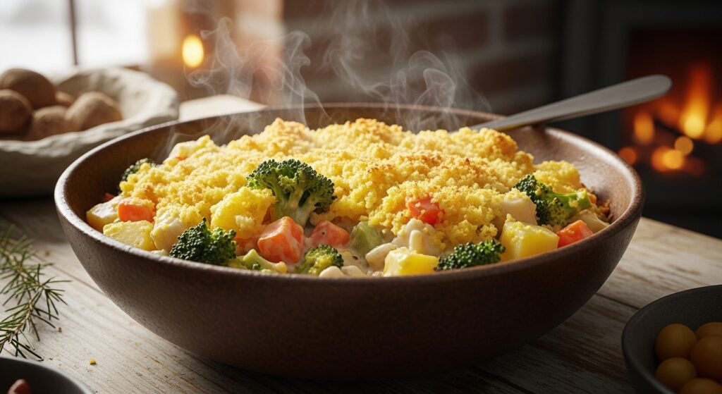 “Thick scoopable air fryer casserole with vegetables and crispy topping in a cozy bowl, perfect winter dinner.”