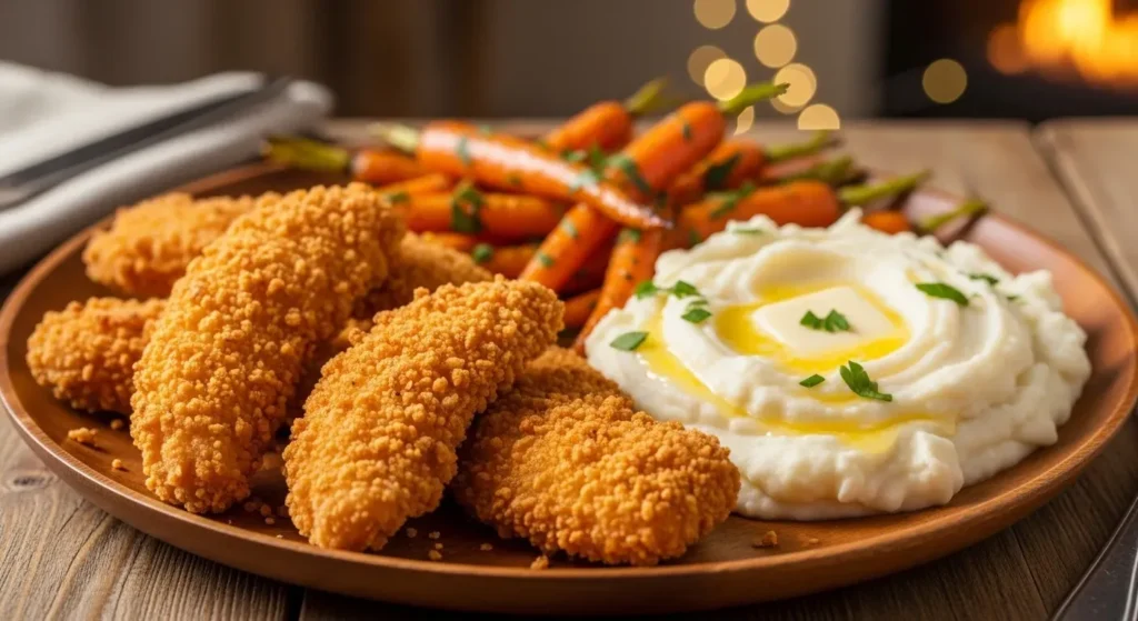 “Golden air fryer chicken tenders with roasted carrots and mashed potatoes on a wooden plate, cozy winter dinner.”