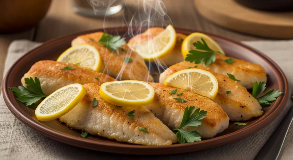 “Golden crispy air fryer fish fillets with lemon wedges and parsley on a rustic plate, cozy winter dinner.”