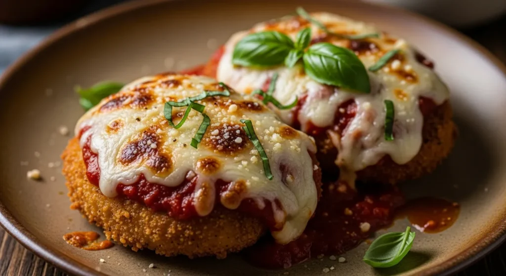 “Air fryer crispy chicken parmesan with melted cheese and tomato sauce on a rustic plate, cozy winter dinner.”