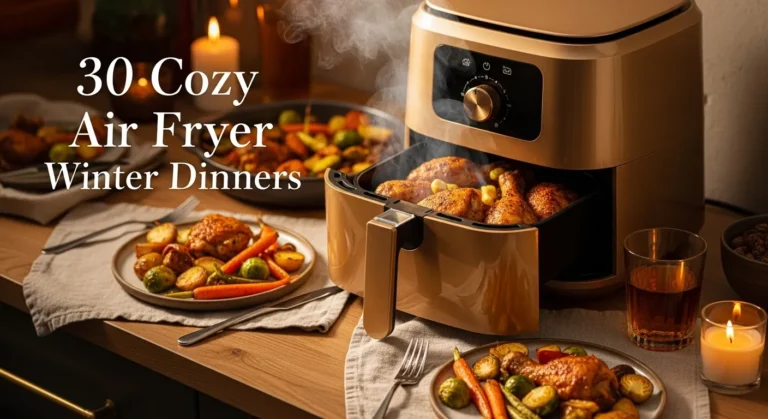 “Cozy winter dinner with air fryer, steaming crispy chicken and roasted vegetables on a kitchen counter, warm and inviting.”