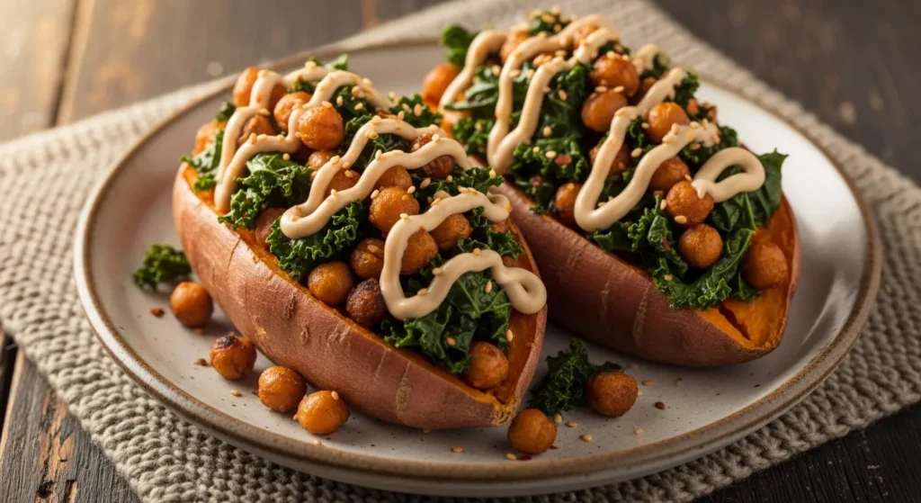 “Air fryer stuffed sweet potatoes with chickpeas, kale, and tahini on a ceramic plate, hearty vegetarian winter meal.”