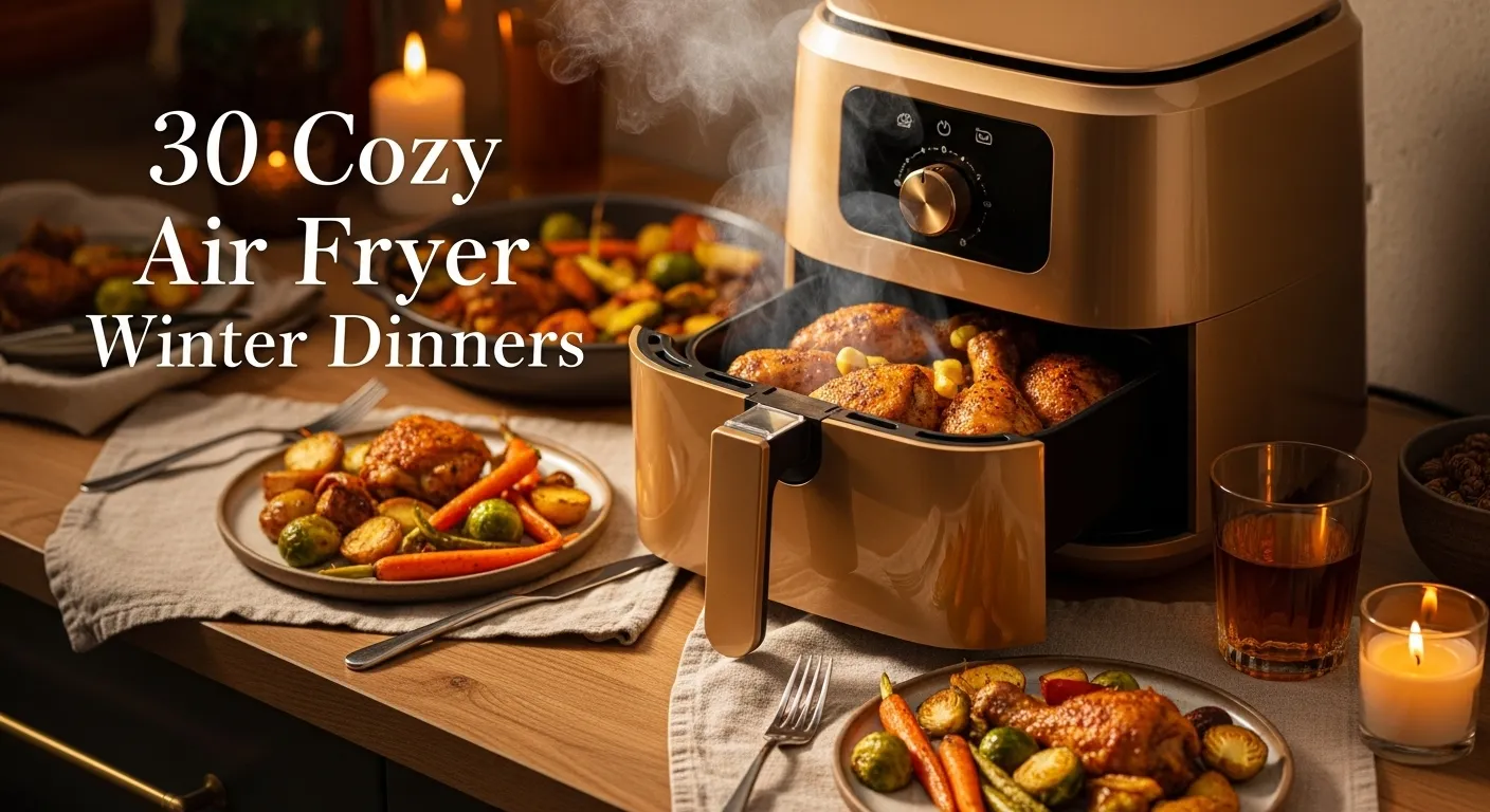 “Cozy winter dinner with air fryer, steaming crispy chicken and roasted vegetables on a kitchen counter, warm and inviting.”