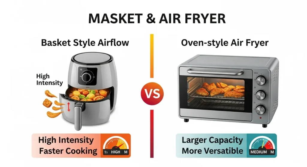 Basket air fryers deliver intense airflow for ultra-crispy fries and wings in less time, while oven-style models offer gentler flow and bigger capacity for versatile family cooking—same temp, totally different results!