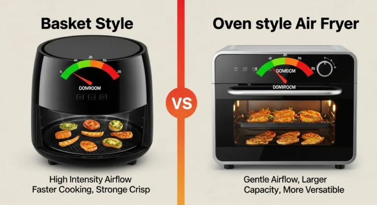 Infographic comparing basket air fryers (intense airflow for faster, crispier results) versus oven-style air fryers (gentle airflow for larger capacity and versatility), highlighting how airflow intensity and cooking space create different outcomes at the same temperature.