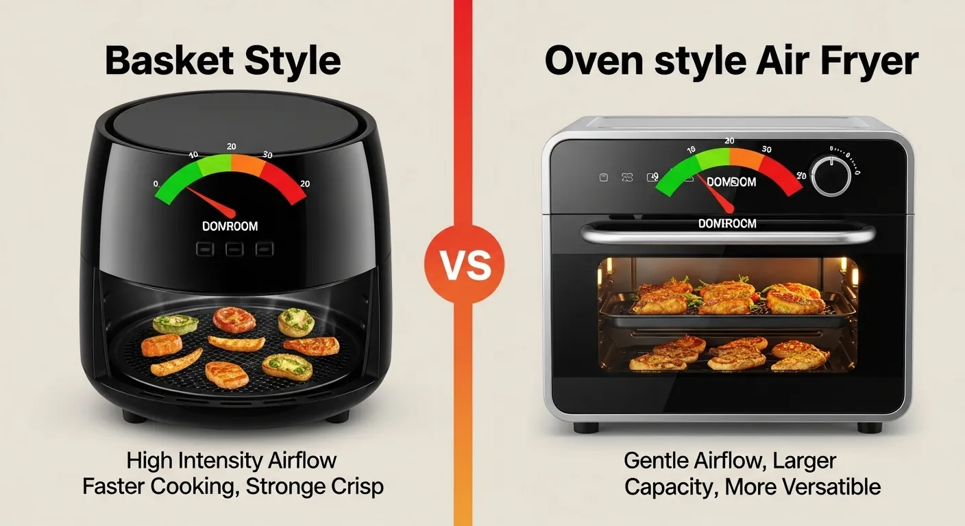 Infographic comparing basket air fryers (intense airflow for faster, crispier results) versus oven-style air fryers (gentle airflow for larger capacity and versatility), highlighting how airflow intensity and cooking space create different outcomes at the same temperature.