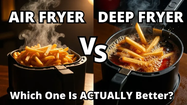 Air fryer vs deep fryer comparison thumbnail showing crispy fries and bold text asking which fryer is better.