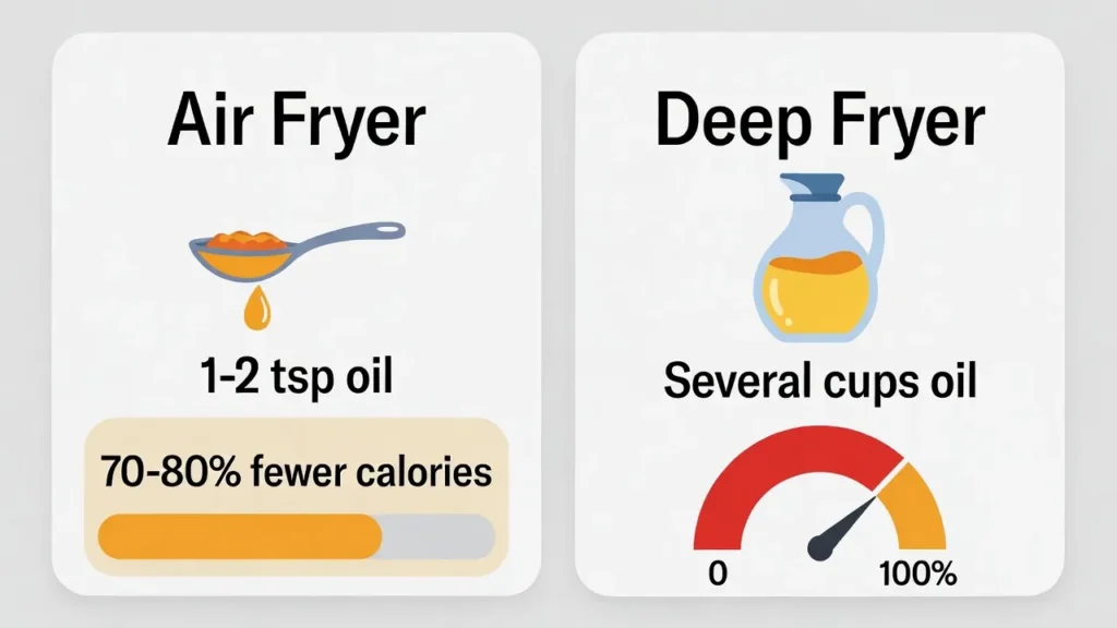 Side-by-side infographic comparing air fryer and deep fryer calories: Left panel shows air fryer icon with 1–2 tsp oil and 70–80% fewer calories badge; right panel shows deep fryer with several cups of oil and high calorie meter. Modern flat design.