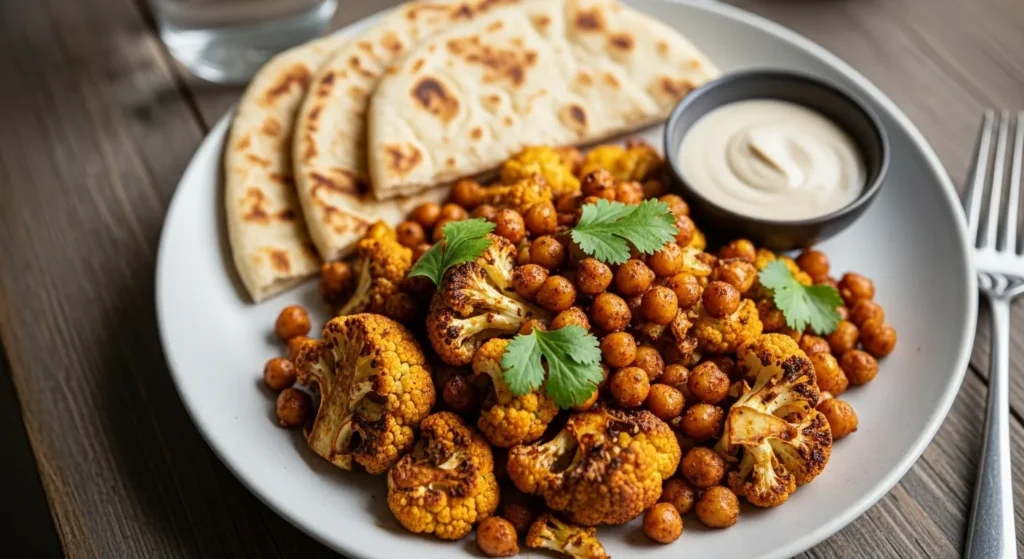 Cozy vegetarian air fryer meal with roasted cauliflower and chickpeas.