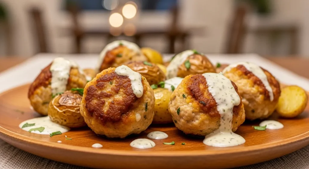 Lighter air fryer comfort food with turkey meatballs and roasted potatoes.