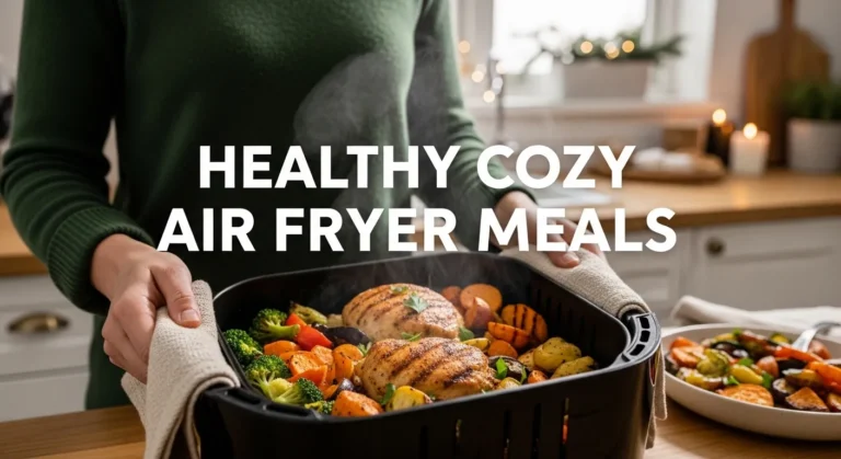 Healthy winter air fryer dinner with chicken and roasted vegetables in a cozy kitchen.