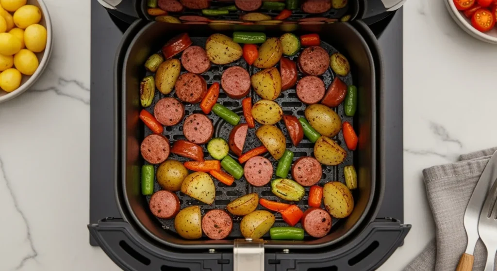 One-basket air fryer meal with sausage, potatoes, and vegetables cooking together.