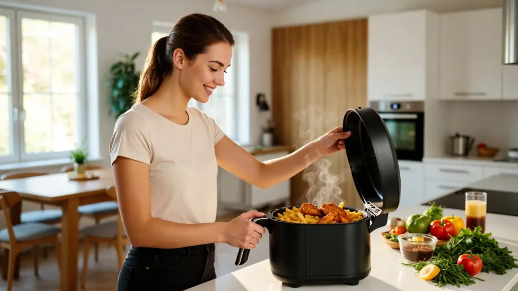A cheerful young woman smiles while opening a sleek black basket air fryer in a bright, sunlit modern kitchen, revealing golden crispy fries and wings on a white countertop with natural daylight pouring through large windows.