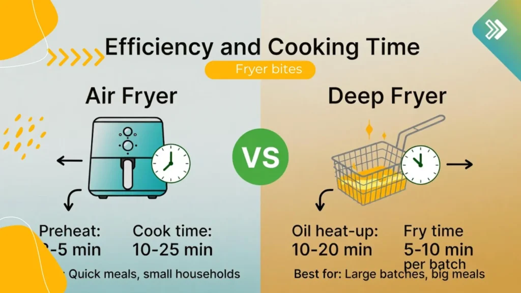 Air fryer vs deep fryer diagram comparing preheat time, cooking speed, and best use for small meals versus large batches.