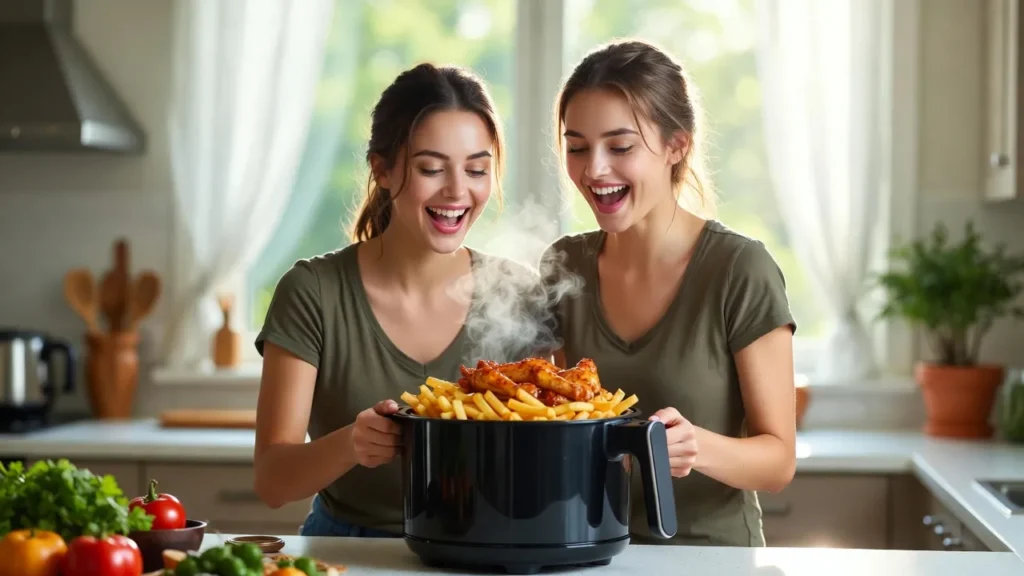 Two smiling friends with A basket air fryer.