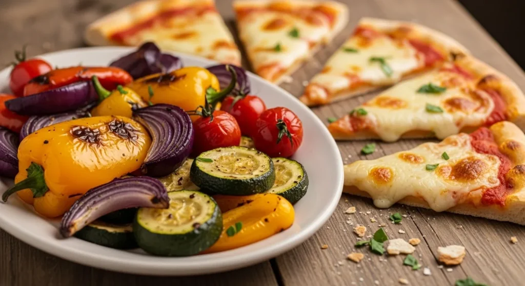 Vegetarian air fryer dinner with roasted vegetables and flatbread pizza on a cozy table.