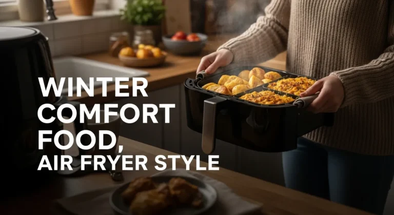 Person holding an air fryer basket with warm comfort food in a cozy winter kitchen with bold text reading “Winter Comfort Food, Air Fryer Style”.