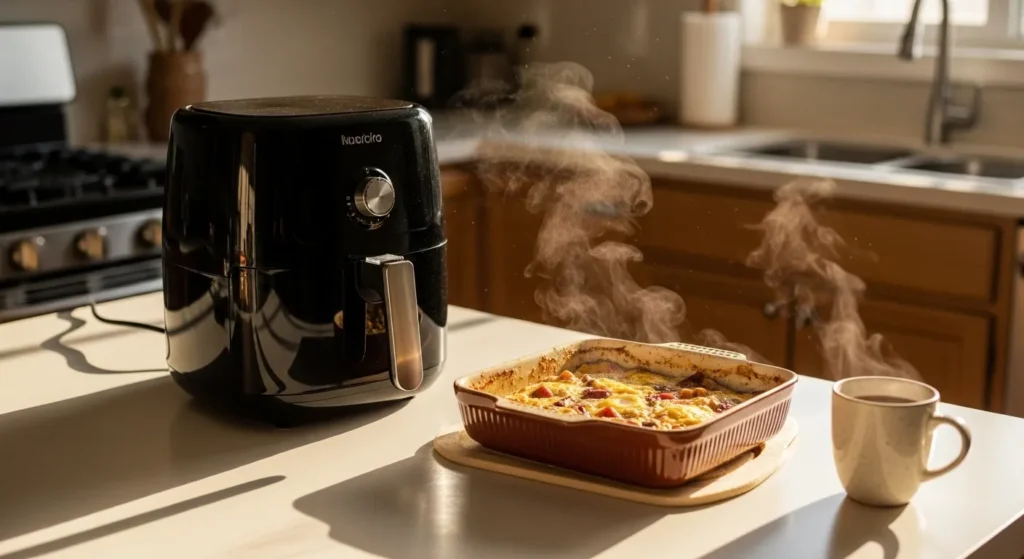 Warm air fryer breakfast in a cozy kitchen during a cold winter morning.