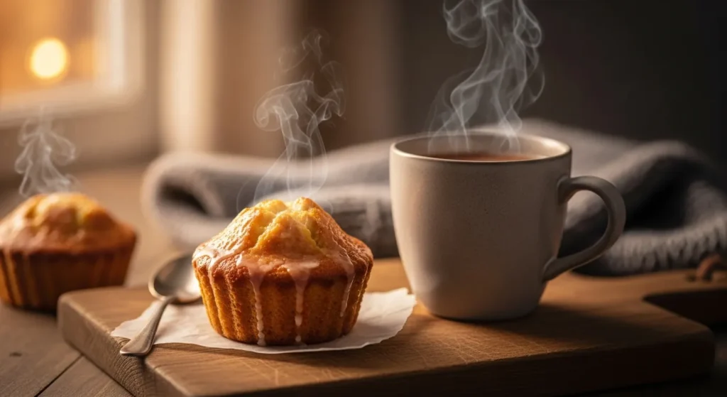 Warm air fryer dessert on a wooden table with a cozy winter evening feel.