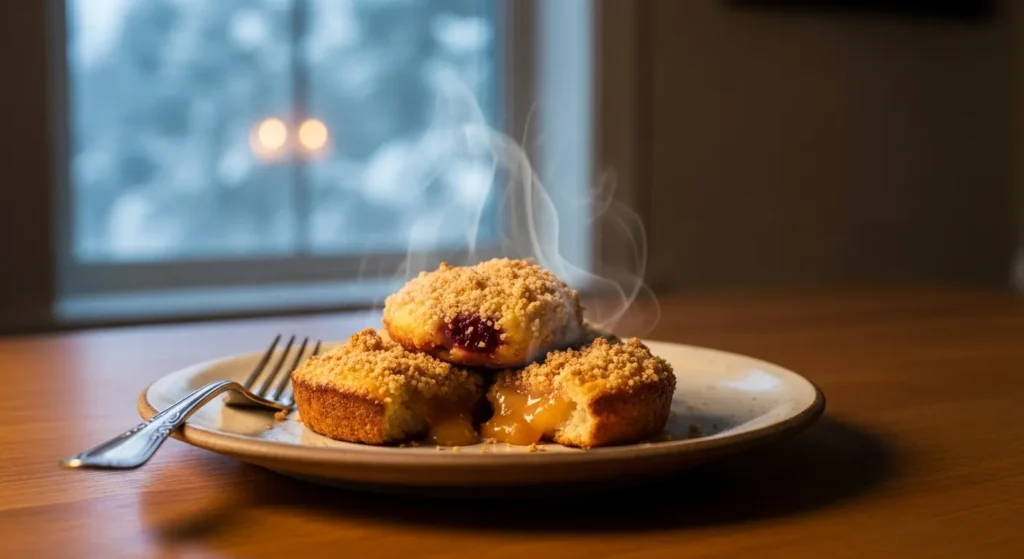 Warm baked dessert made in an air fryer with steam rising in a cozy winter kitchen.