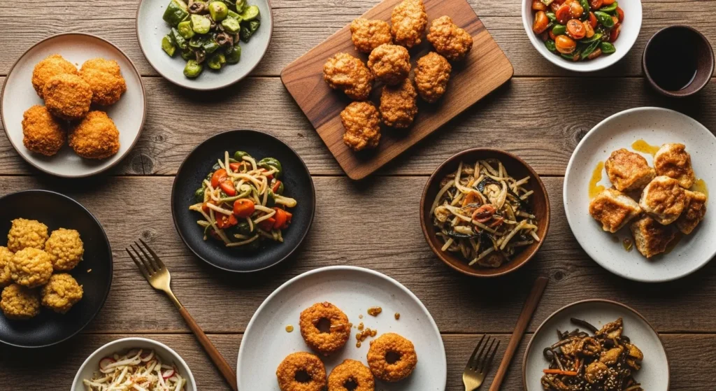 Cozy air fryer dinner with roasted potatoes and baked-style comfort food on a plate.