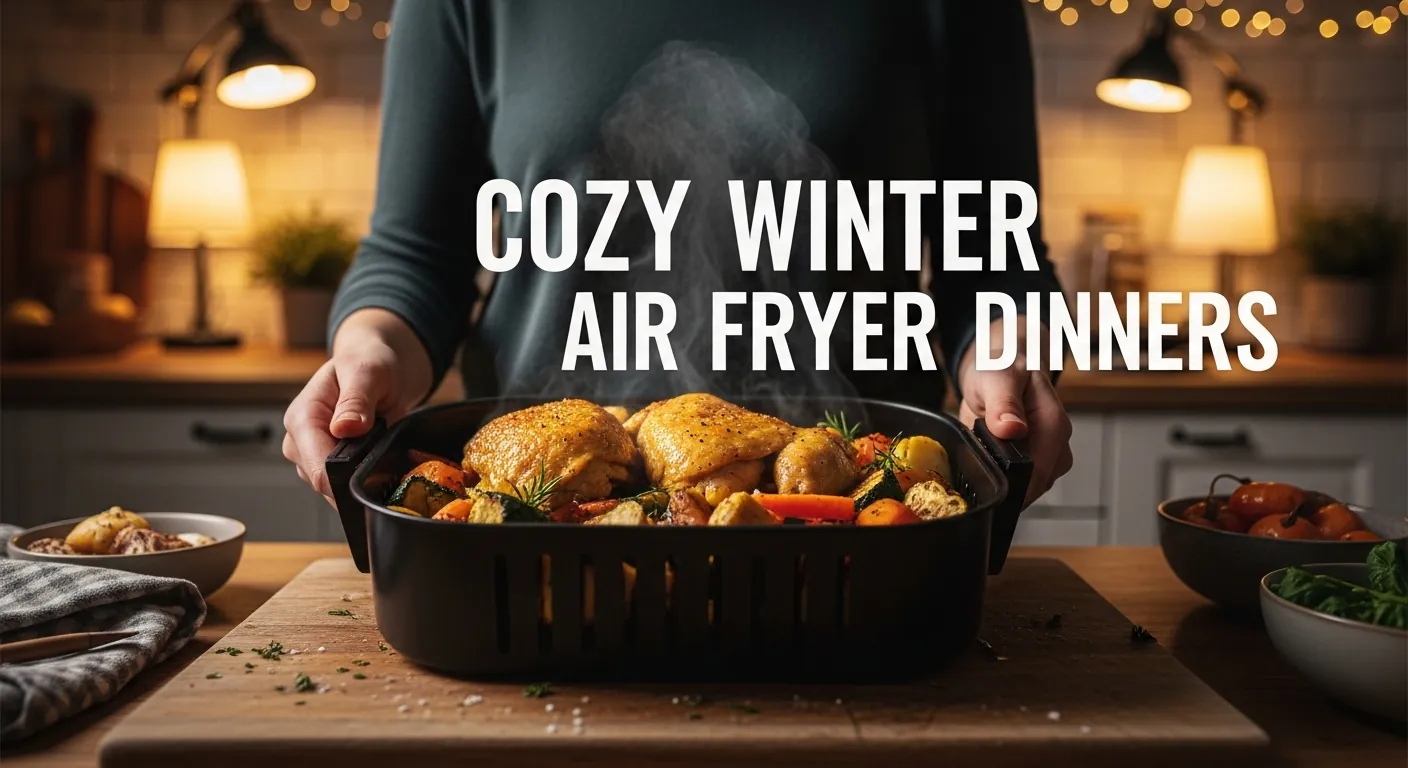 A cozy winter kitchen scene showing an air fryer basket filled with warm chicken and vegetables with the text Cozy Winter Air Fryer Dinners.