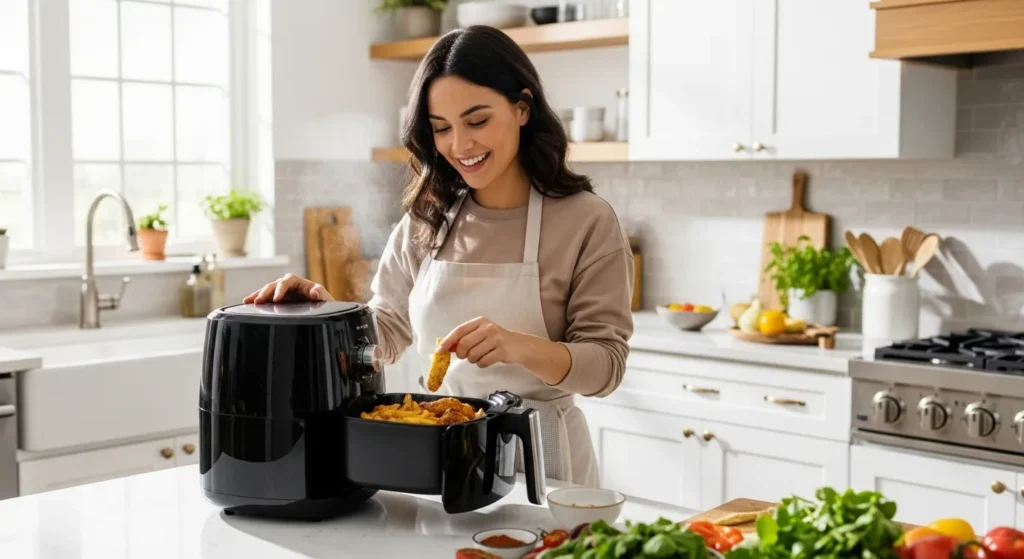 A smiling young woman in a bright modern kitchen checks crispy food in a sleek black basket air fryer on a sunlit countertop during daytime.